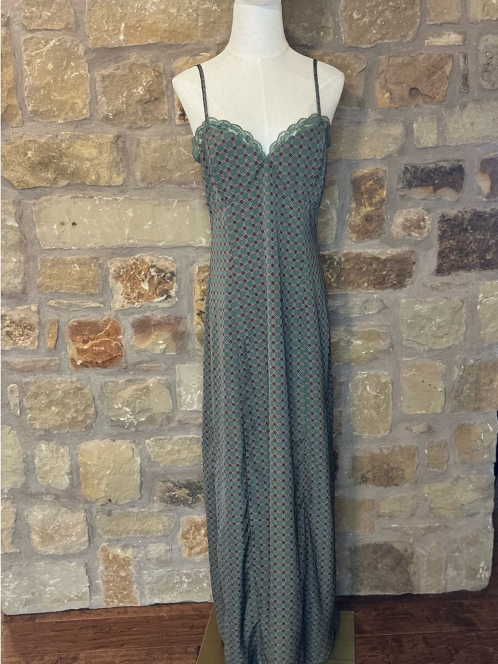 KITTENISH Maxi Dress Green Boho Slip Dress Lace Trim Smocked Back Size Medium
